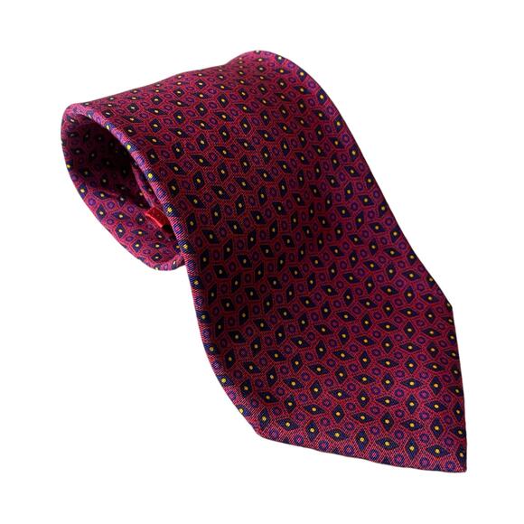 Balenciaga 100% Silk Necktie LUXURY Made in Italy Red with Blue Geometric Tie - Picture 13 of 16